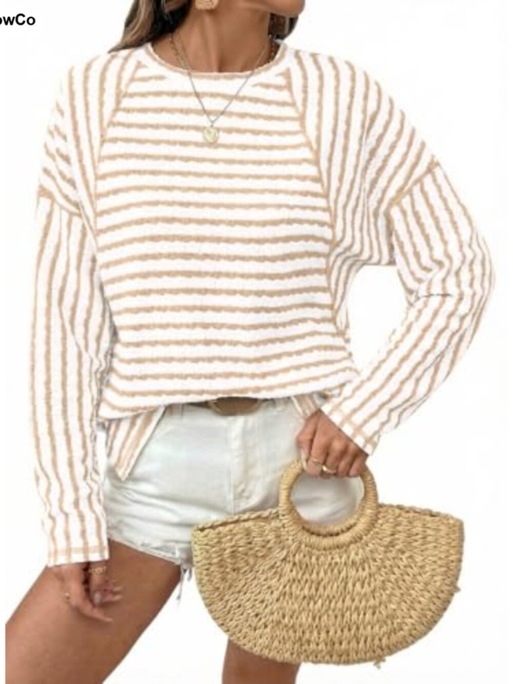 Oversized Striped Color Block Long Sleeve T-Shirt Womens Crewneck Casual Loose